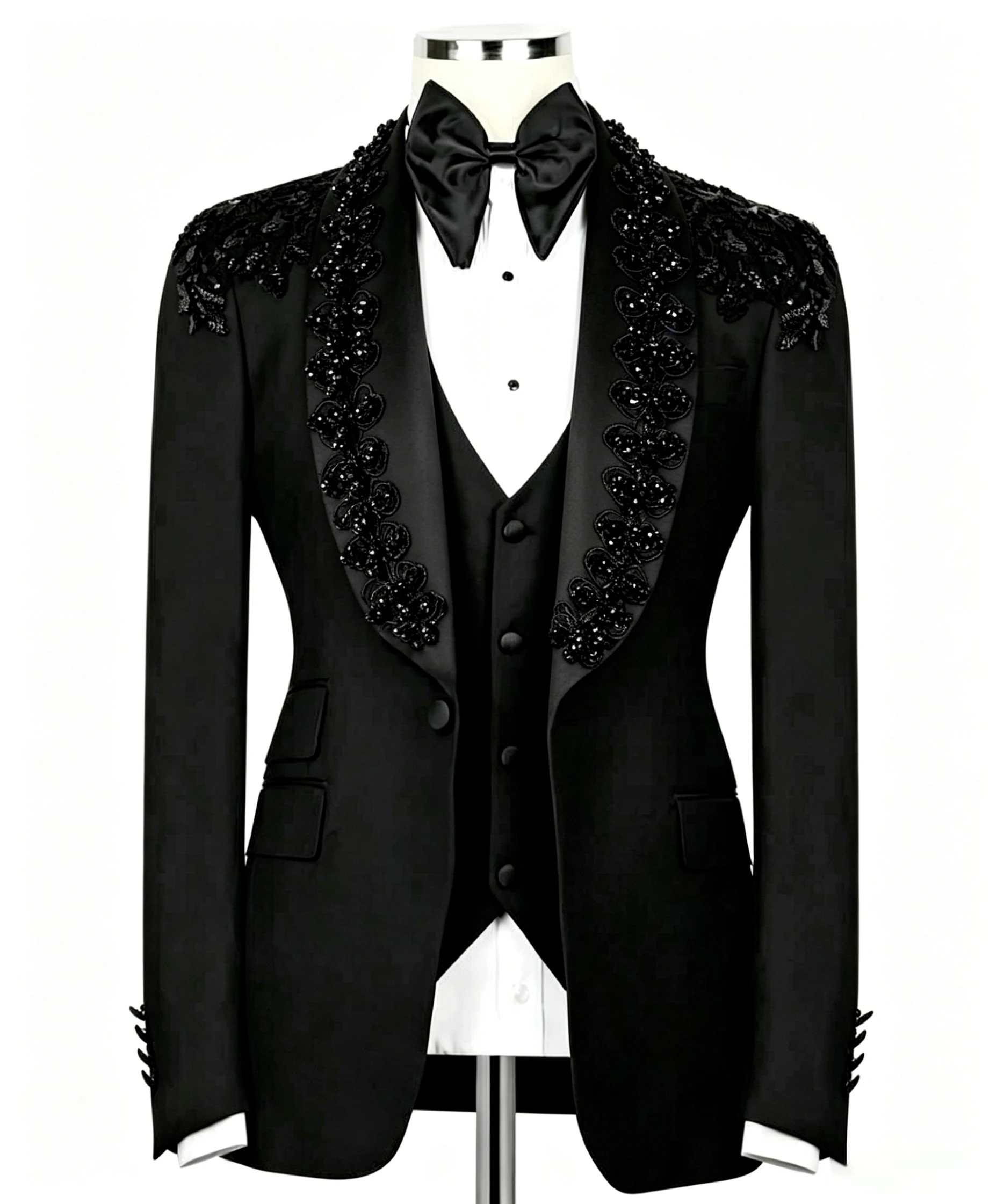 Luxury Black Shawl Lapel Men's  Tuxedo with Black Sequin Floral Embroidery Stage Prom Suit Jacket Vest and Bow CustomizedM264612