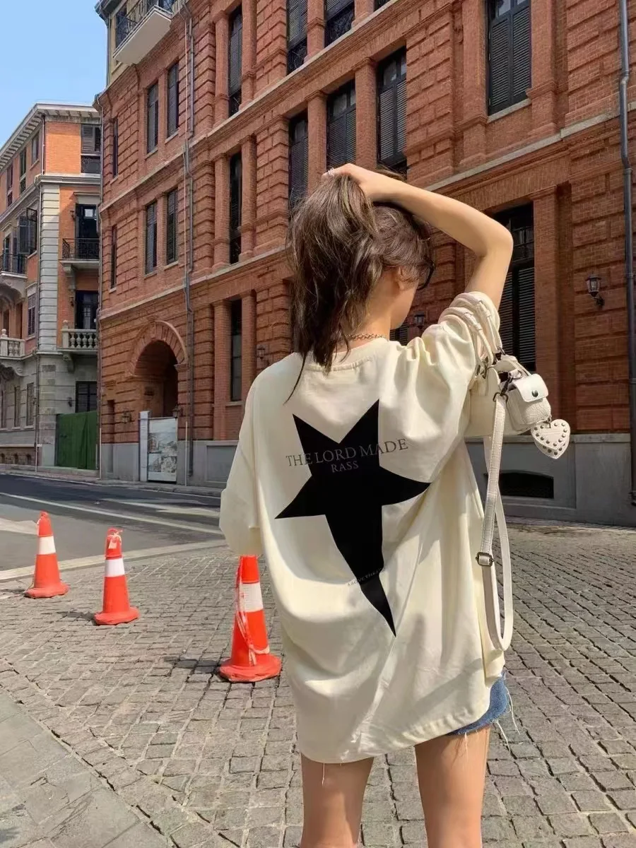 Star Front And Back Image Cotton Women's T-shirt Summer New Fashion Print Design, Casual Sports T-shirt
