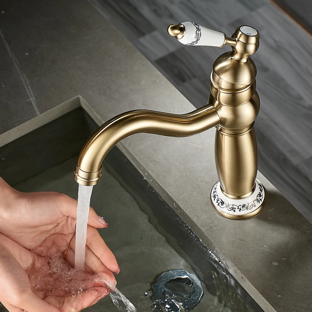 النمط الأوروبي العتيق ثقب واحد النحاس الرجعية صنبور الساخن الباردة مغسلة حوض صنبور مع صمام السيراميك الأساسية متر #3