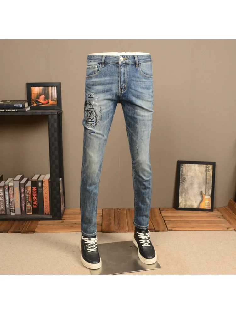 Stretch Casual Jeans Men's Spring and Autumn Fashionable Slim High-End Printed Retro Affordable Luxury Washed Skinny Pants