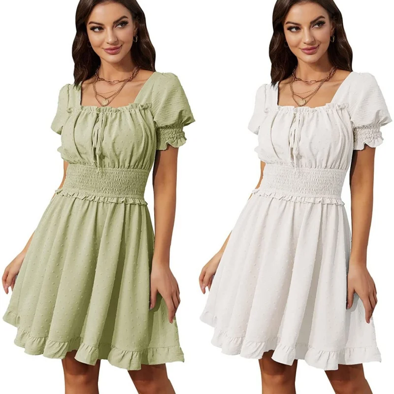 2023 Summer European and American Square Collar Puff Short Sleeve Pleated Waist Backless Lace-up Dress