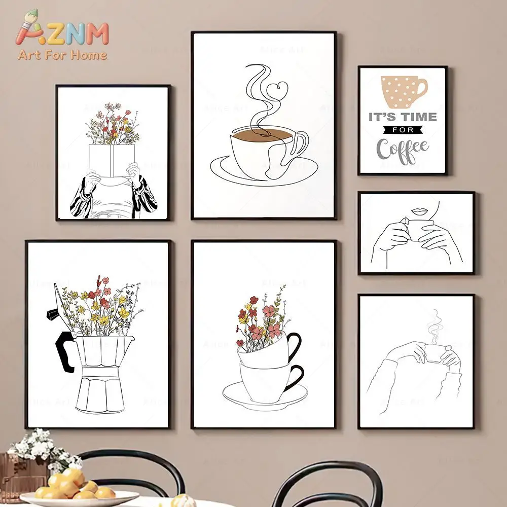 AZNM Minimalist Line Art Coffee Wildflower Canvas Poster, Frameless Moka Pot Cup Floral Print Wall Art For Chic Modern Kitchen C