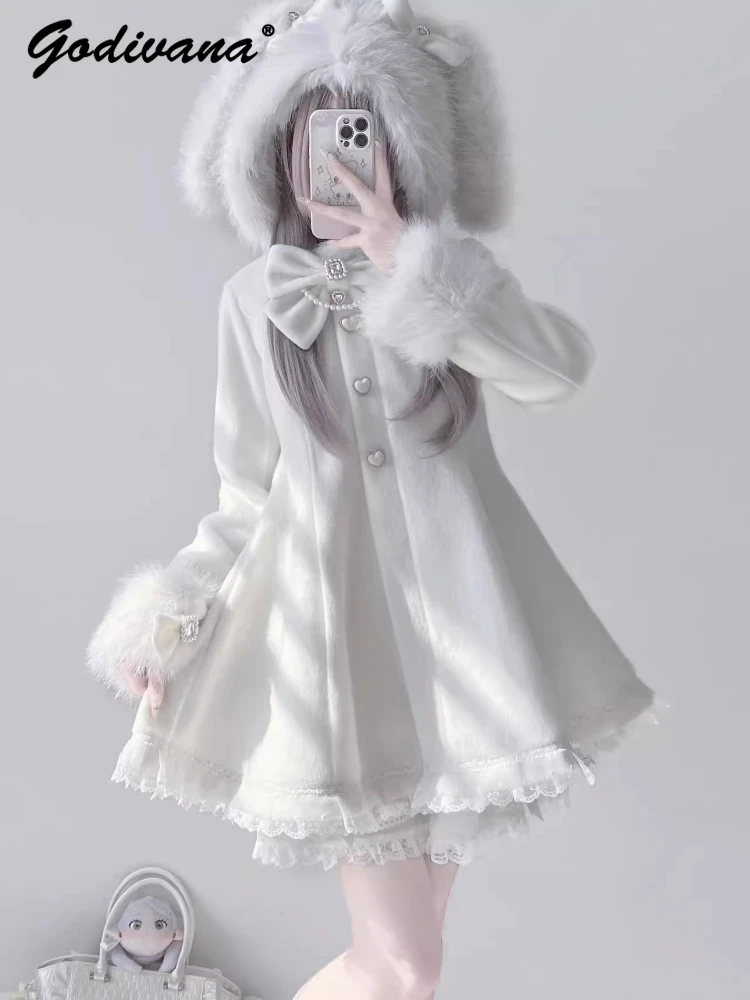 Japanese Mine Mass-produced Plush Rabbit Ear Bow Lace Hooded Wool Blend Coat New Autumn and Winter Women's Hooded Woolen Jacket