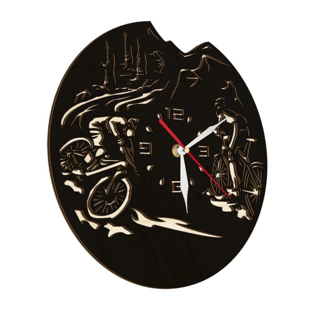 Cycling Decorative Wooden Round Wall Clock For Bedroom Living Room Mountain Biking Natural Artwork Clock Bike Bicycle Rider Gift