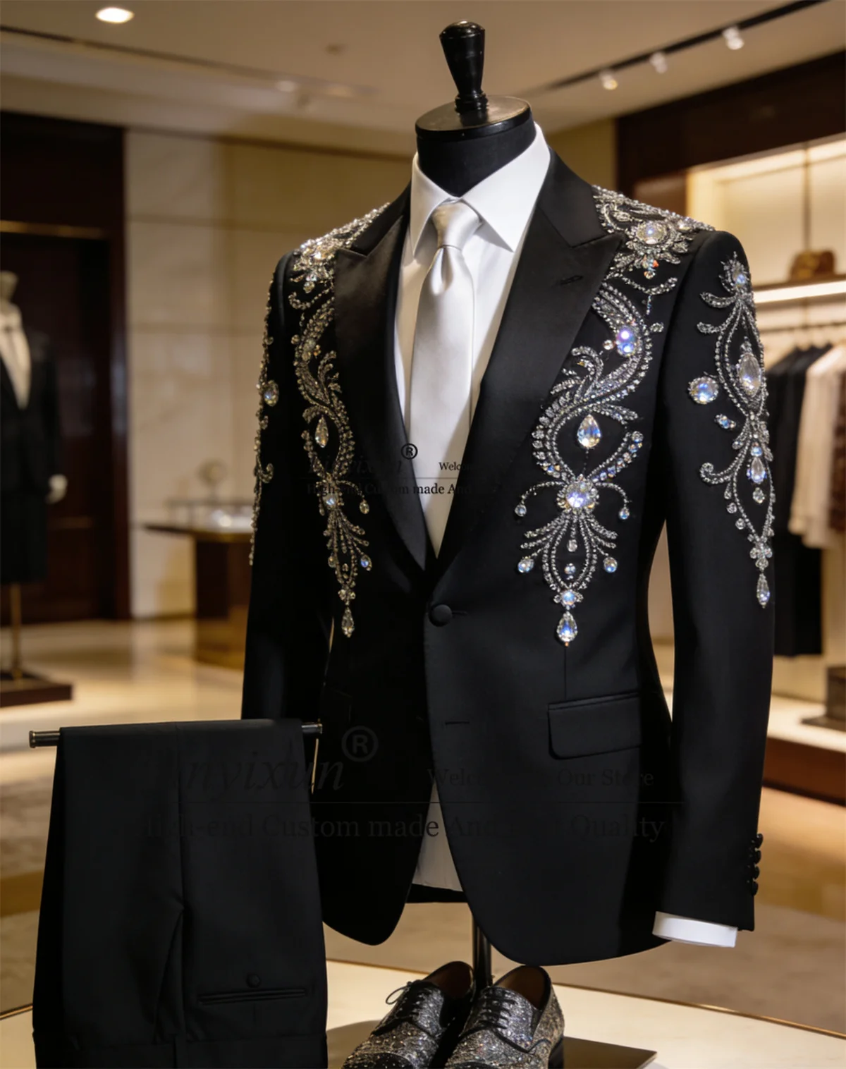 

Sparkly Diamond Outfit Men Suits 2 Pieces Sets Groom Wear Tuxedos Slim Fit Male Wedding Party Blazers Customized Costume Homme