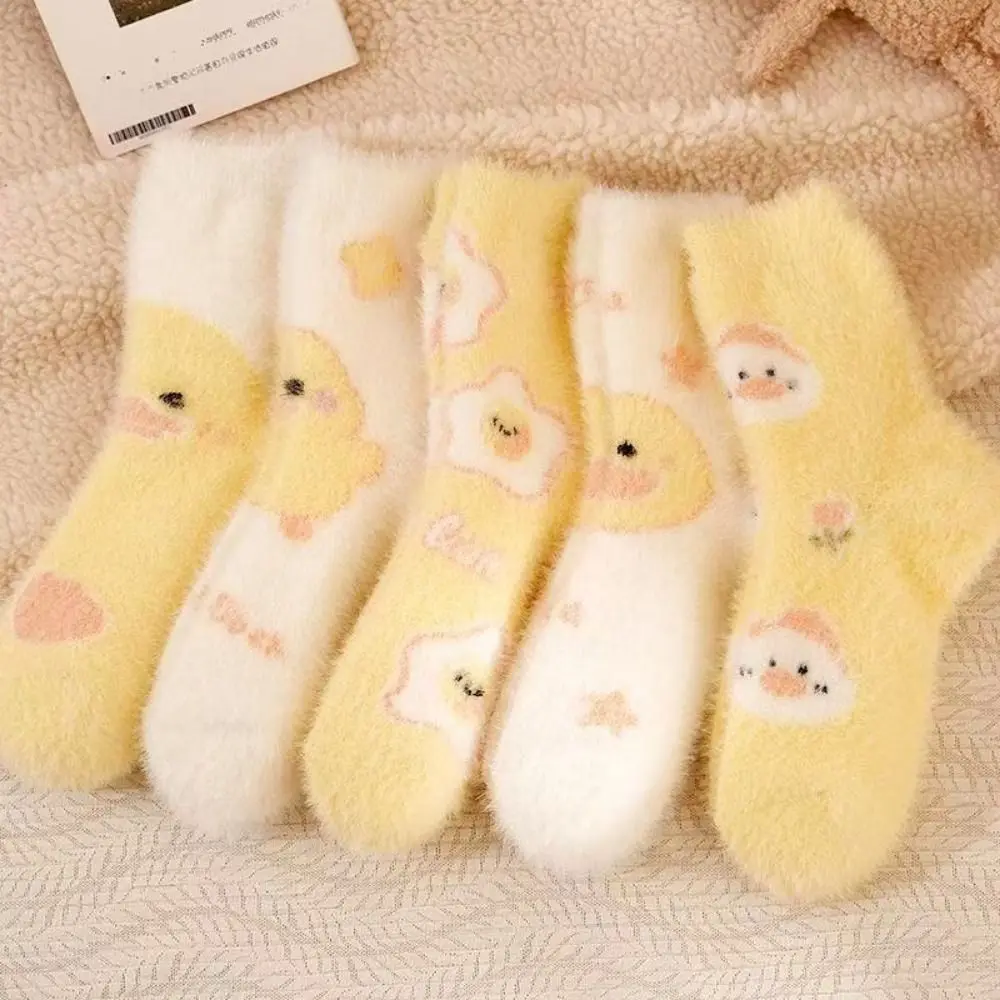 

Lovely Thick Fluffy Mink Velvet Socks Sweat Absorption Soft Cozy Yellow Duck Socks Winter Warm Women's Mid-Calf Socks Indoor Use