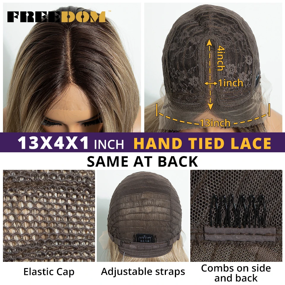 FREEDOM Straight Synthetic Lace Wig With Bangs Lace Front Wigs For Women 26 Inches Ombre Brown Blonde Wigs Red White Cosplay Wig