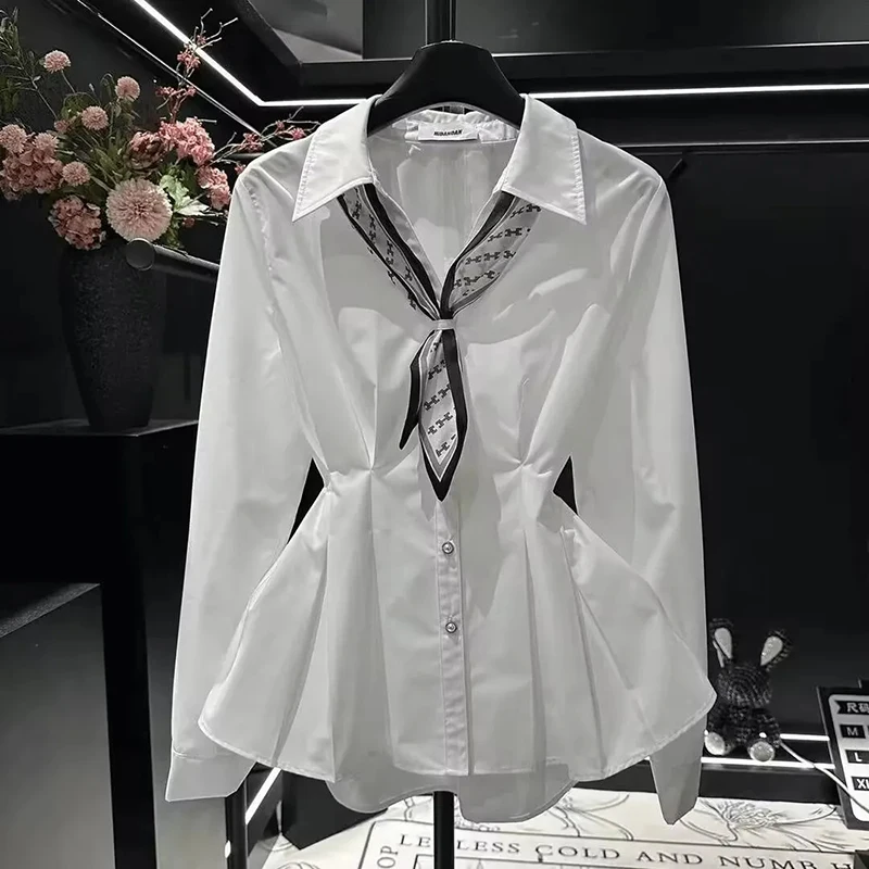

Women Simple Casual Shirts Spring Autumn Office Lady Silk Scarf Ribbon Blouse Pure Cotton Long Sleeve Button Elegant Chic Tops