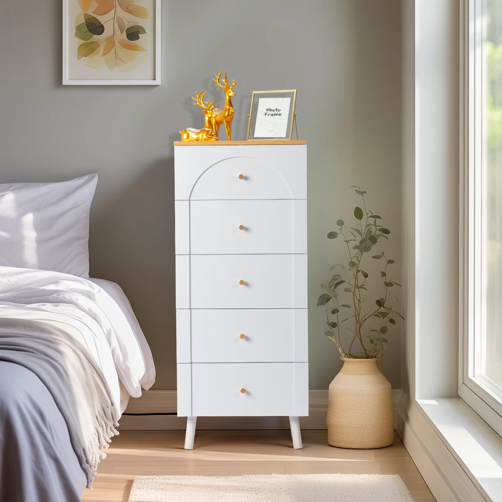 Wood Nightstand Bedside Table-Five Ddrawe Dresser White&OAK