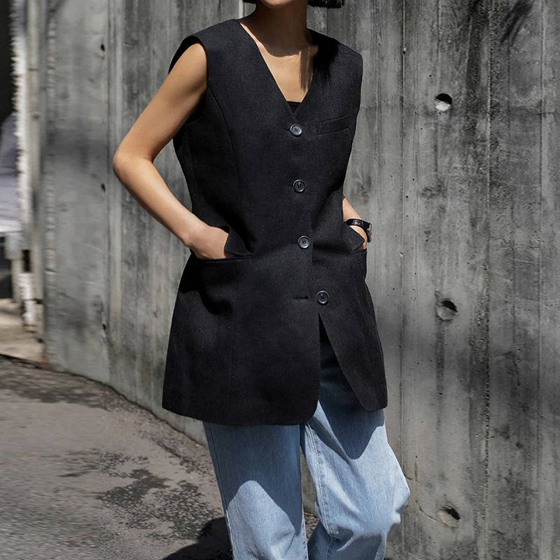 100% Linen Women's Mid-Length V-Neck Vest Jacket Spring And Summer Korean Retro Fashionable Slim Sleeveless Vests Suit Cardigan