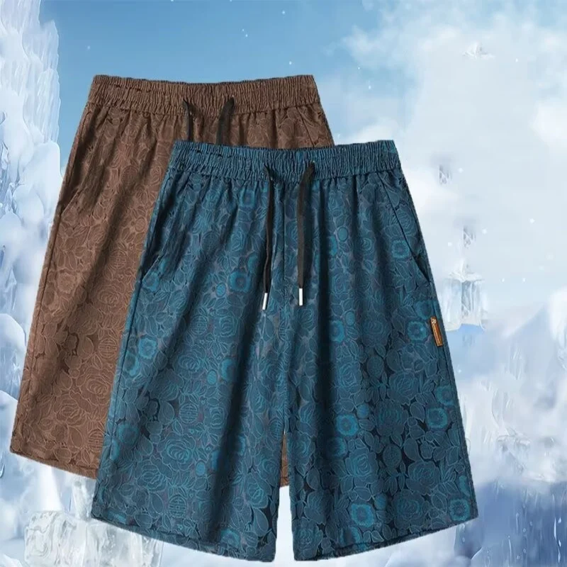 Summer breathable ice silk casual thin shorts for men, loose and versatile, plus size straight leg five quarter pants