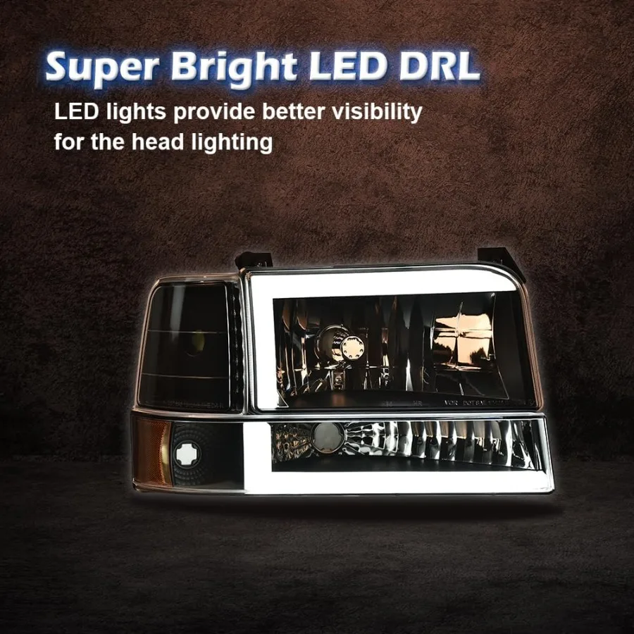 مجموعة المصابيح الأمامية LED DRL للمصابيح الأمامية الأمامية مع إشارة الزاوية لسيارة Ford F150 Bronco F250 F350 19921997 المركبات Clear Le #6