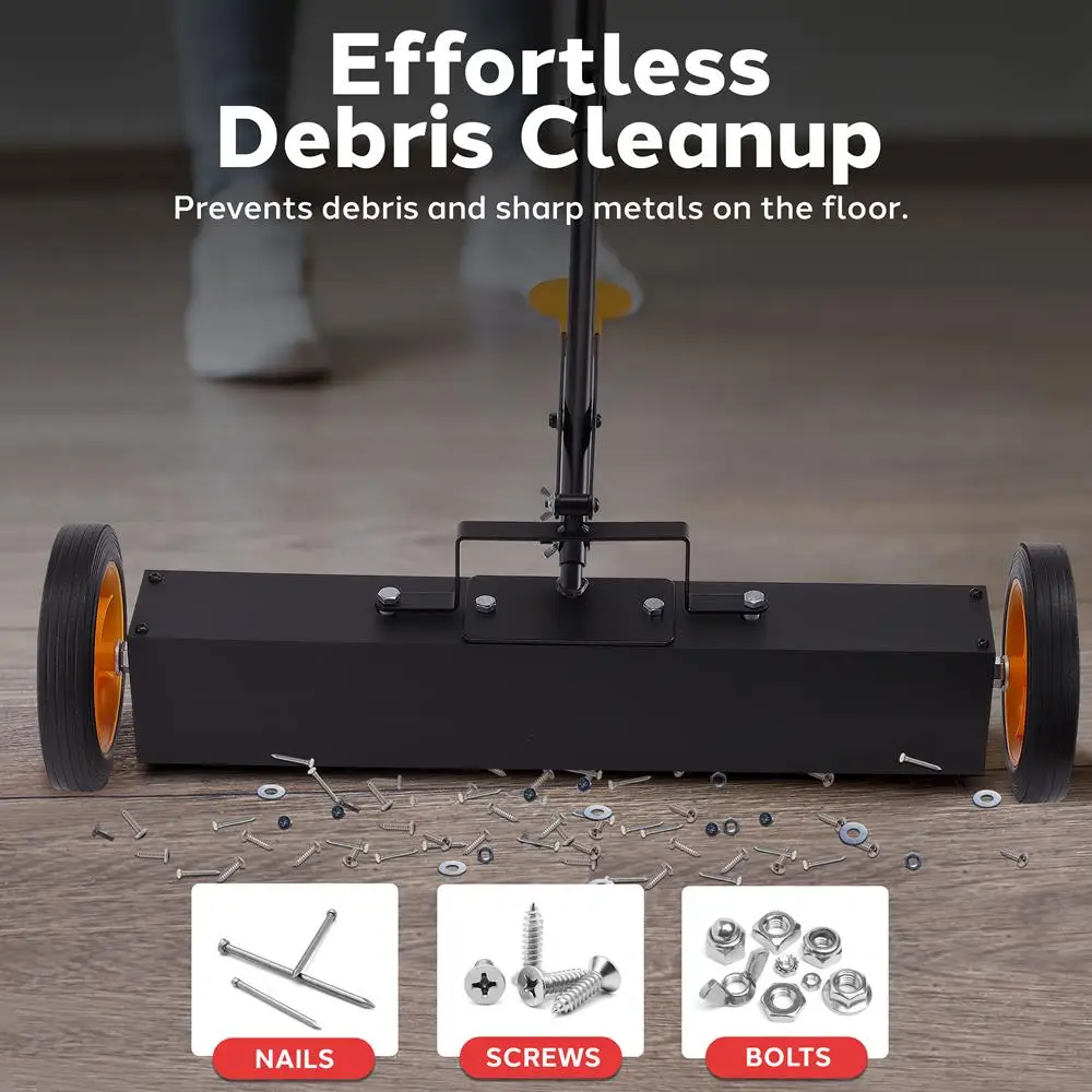 Odkurzacz magnetyczny na kółkach Pyle 24” - Wytrzymały metalowy zbieracz do użytku przemysłowego (czarno-pomarańczowy)