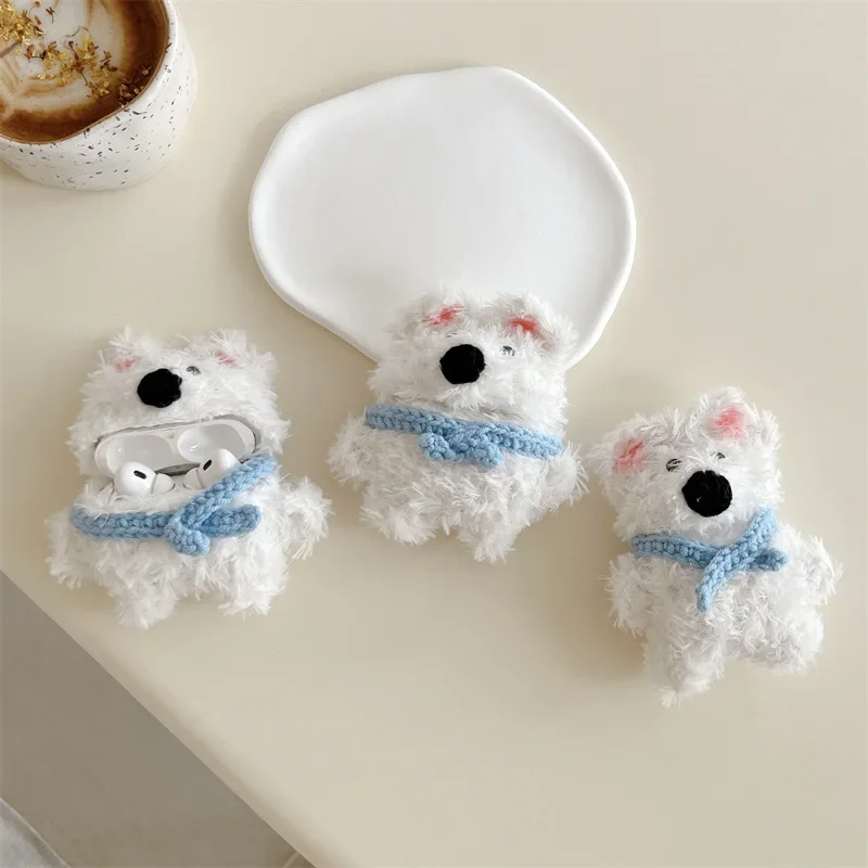 

Cartoon White Dog Plush Case for AirPods 4 Airpod 1 2 3 Pro Pro2 Bluetooth Earbuds Charging Box Protective Earphone Case Cover