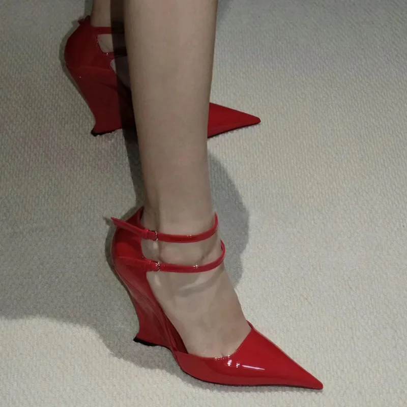 Red Cherry Wedge High Heels 2024 Pointed Toe Sexy Fashion Mary Jane Pumps Old Money Shoes For Women Ladies