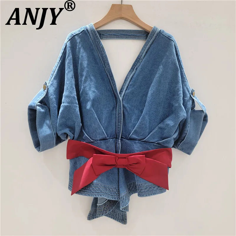 

ANJY Summer New Women Chic Streetwear Contrast Color Bowknot Denim Shirt French Sweet Waist Cinching Backless Slimming Top A7750