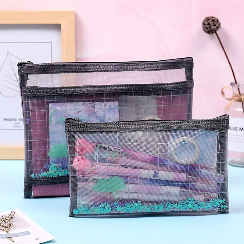 

Cute PVC Transparent Mesh Square Pencil Bag Portable Document Storage Bags School Office File Holder