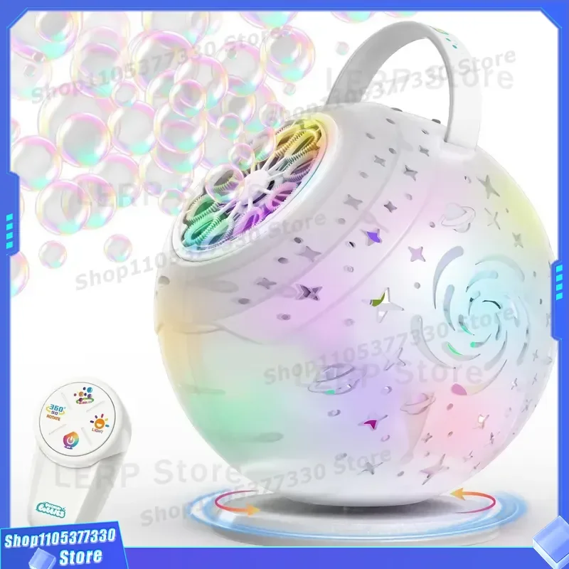 Automatic Bubble Machine 360 Degree Rotating Galaxy Projector with Rainbow Light Remote Control Interactive Plastic Toy for