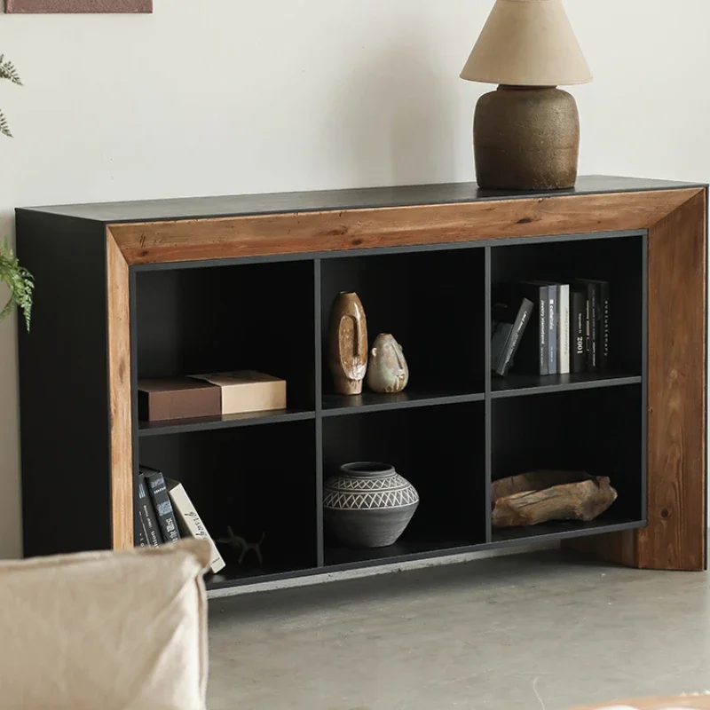 

Wabi-sabi style black solid wood sideboard weathered pine retro distressed six-compartment storage cabinet living room