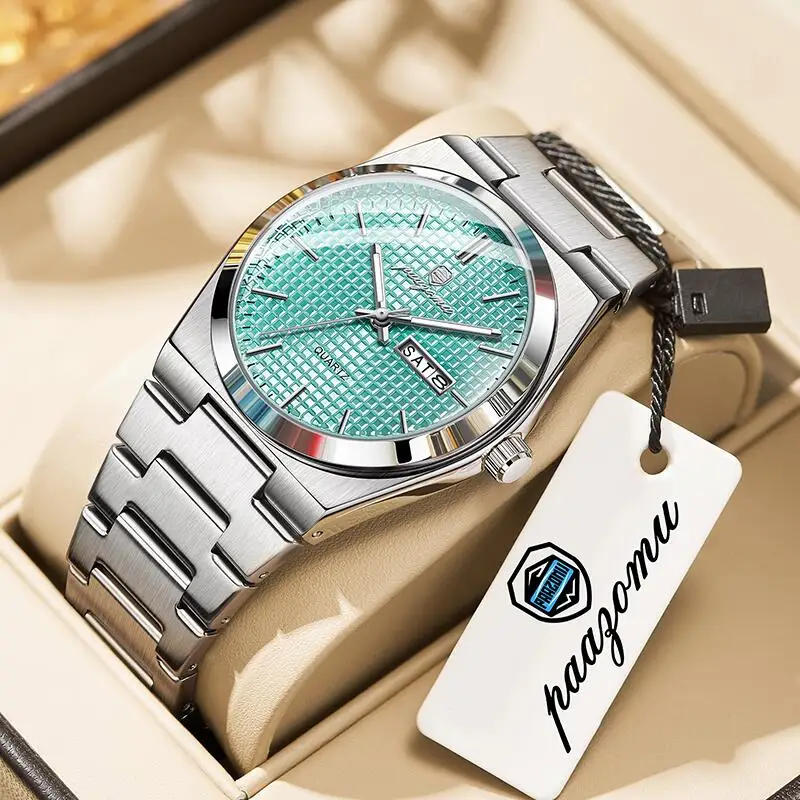 2025 New Men Watch Stainless Steel Business Style Luxury Rhinestone 43mm Blue Gold Quartz Movement Wristwatch Relogios Masculino