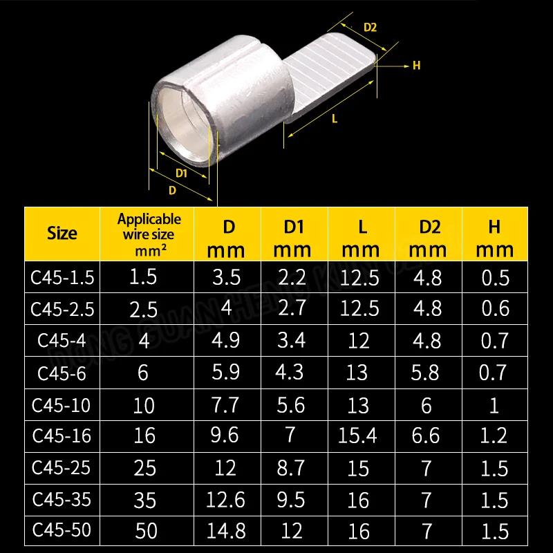 C45 Pin Type Terminal Cable 1.5 2.5 4 6 10-70 Square mm Tinned Copper Lug Wire Eye Connectors Bare Terminals Lugs Wire Butt Plug