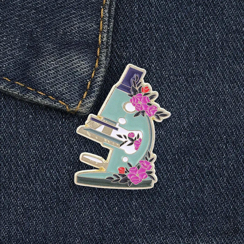Cartoon microscope-shaped badges, biomedical instrument series alloy pins, accessory for clothing and bags, gift for friends