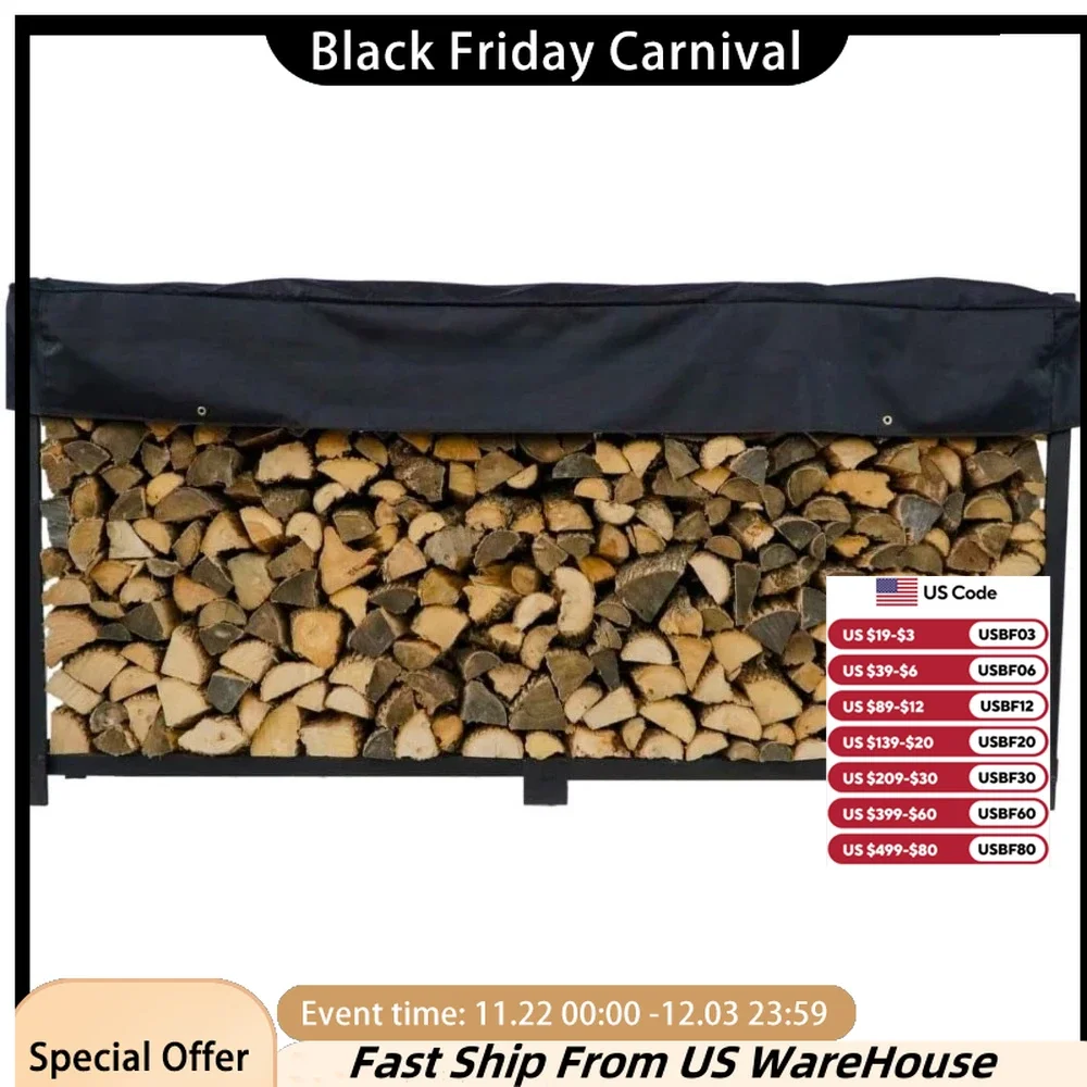 8 Foot 1/2 Cord Firewood Log Rack with Optional Cover, Made in USA- Black Texture Powder Coat Finish, Made with Heavy Duty Steel