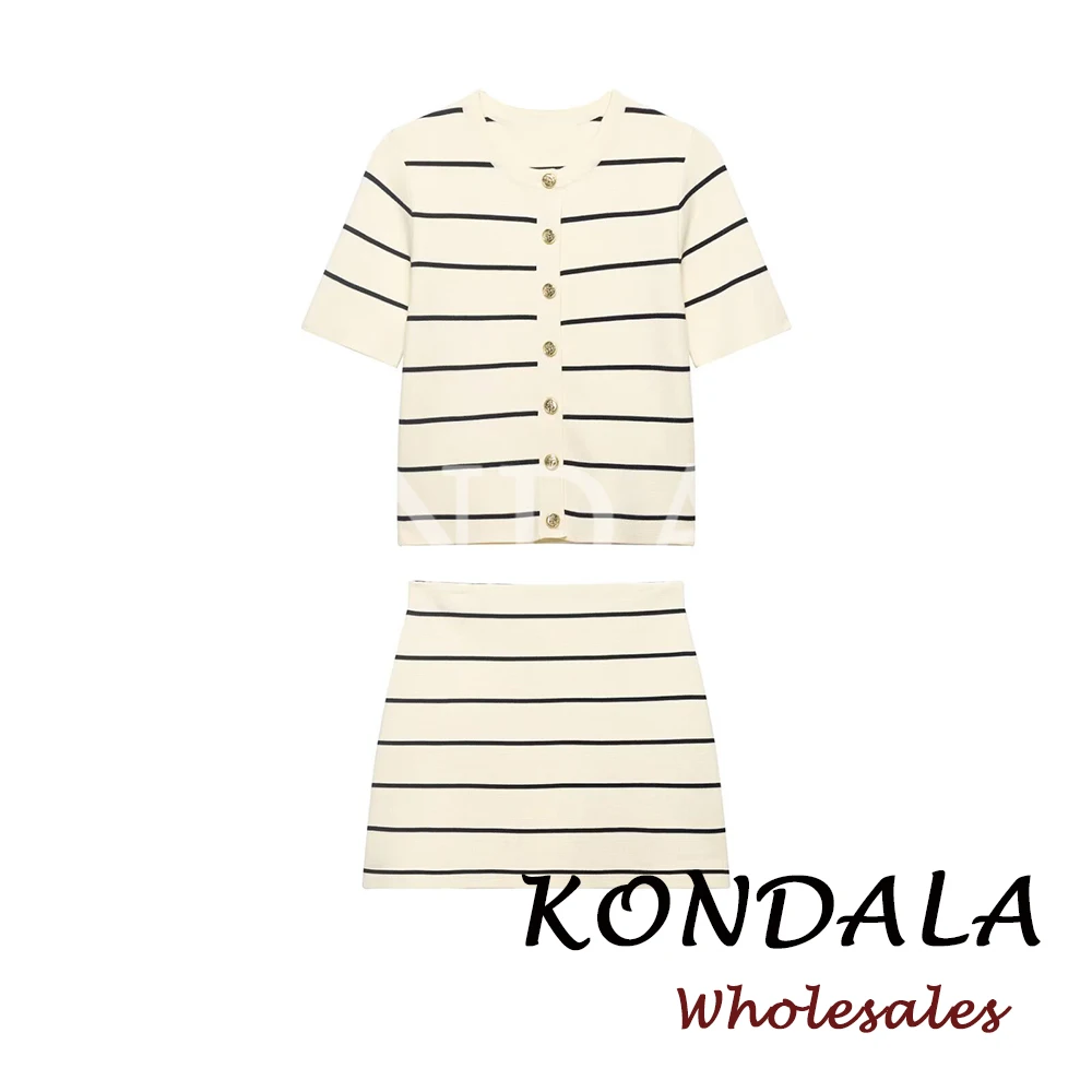 

KONDALA Chic 2026 Striped Modern Woman Spring Suits Single Breasted Sweater+Elastic Waist Sheath Mini Skirt Casual Female Suits