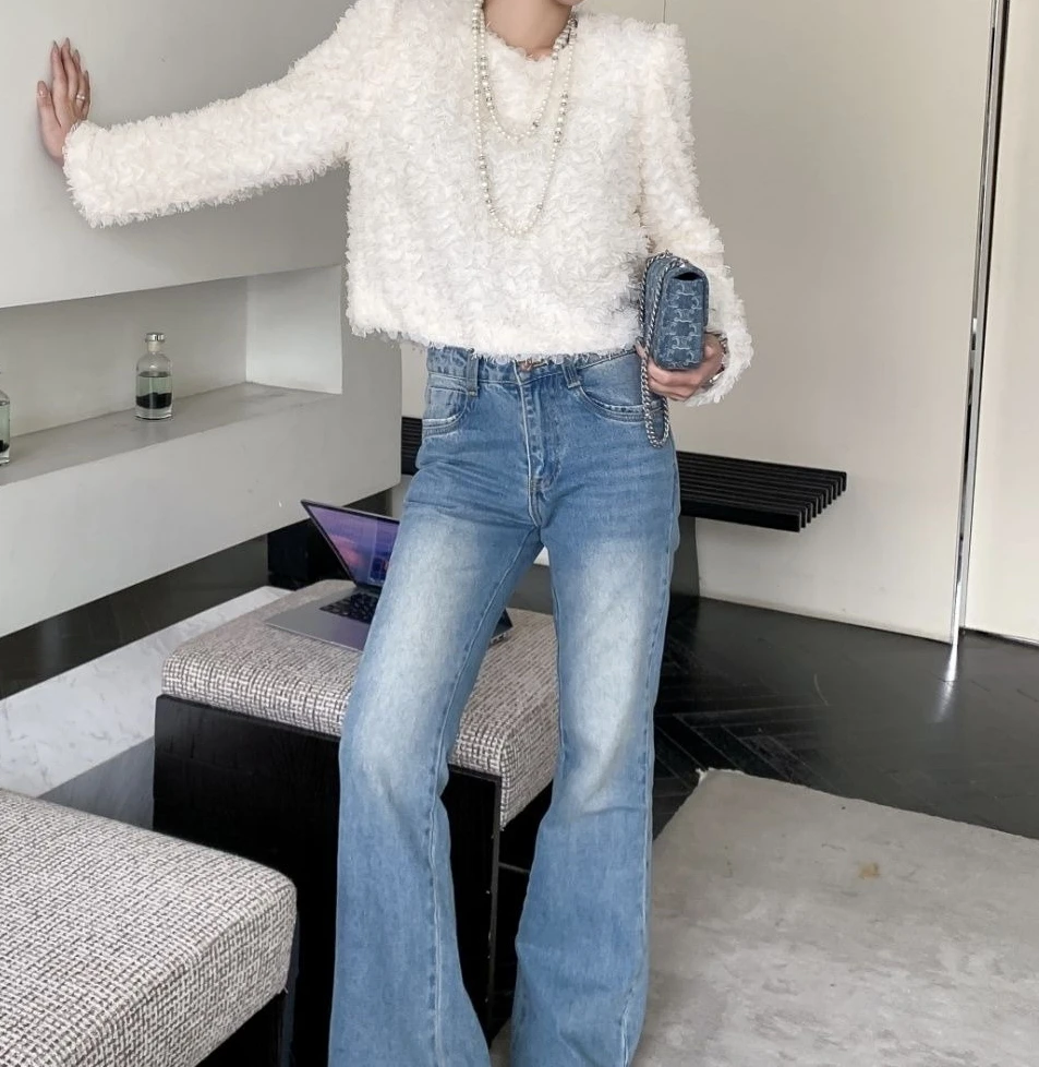 Women's Heavy Duty Petal Long Sleeve Outerwear Base Shirt Spring Short Style Solid Color Tassel Round Neck T-shirt