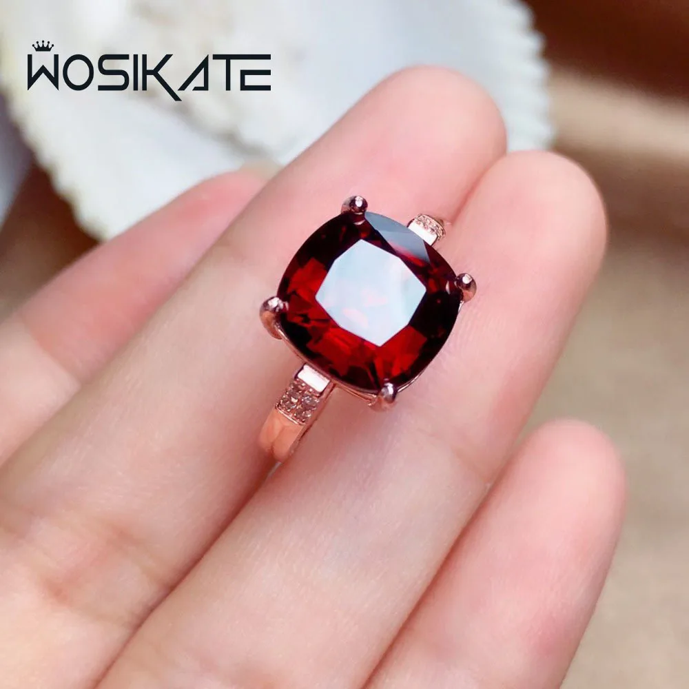 WOSIKATE Vintage Geometric Shape 10*10mm Garnet Red Ruby Rose Gold Plated Wedding Ring For Women Silver Jewelry Finger Ring Open