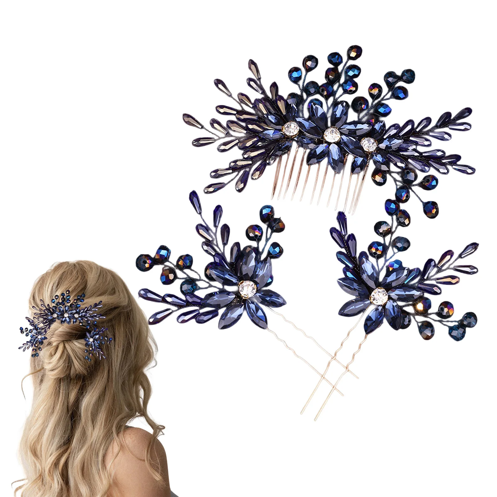دبوس شعر على شكل حرف U مع مشط شعر ضيف الزفاف إكسسوارات الشعر الأزرق حجر الراين الخرز مشبك شعر أزياء الزفاف التيجان أغطية الرأس #6