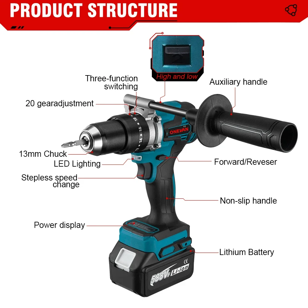 Onevan-Brushless Furadeira Elétrica, Chave de Fenda Elétrica, Furadeira de Impacto 3in 1, Ferramenta Elétrica para Makita, Bateria 18V, 13mm, Torque 20 + 3