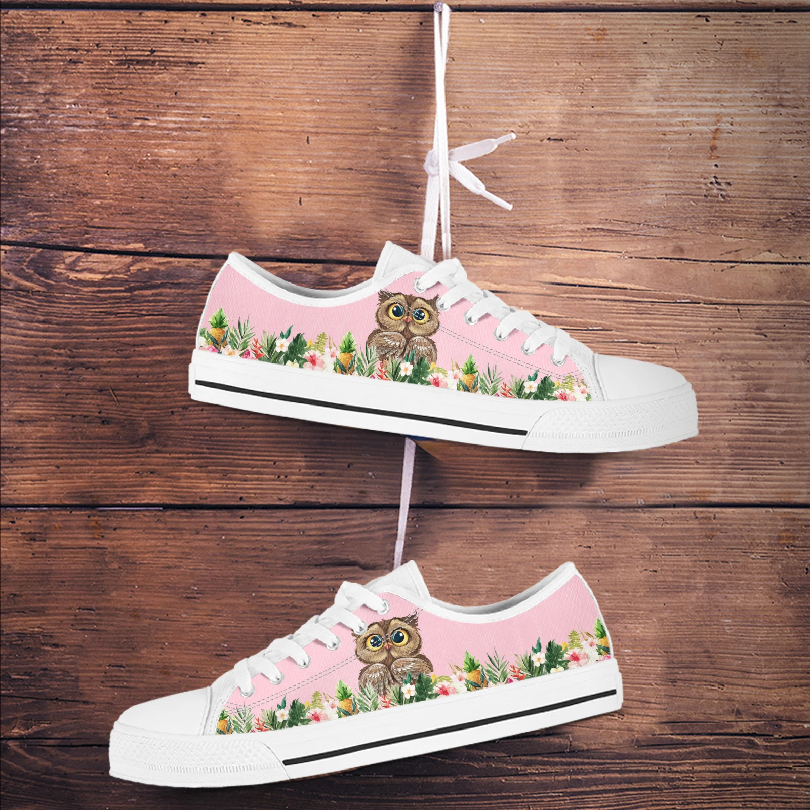 ELVISWORDS – chaussures en toile de dessin animé hibou, baskets de marque, roses, animaux de dessin animé, chaussures légères à lacets, chaussures plates