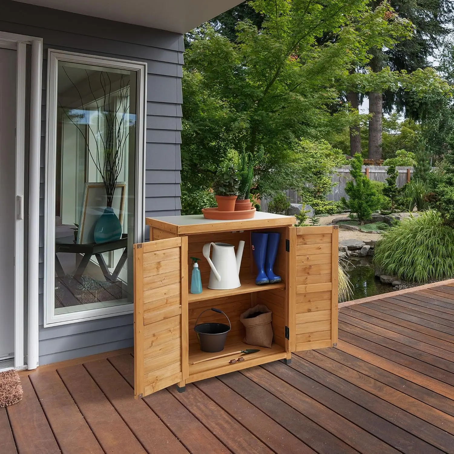 Outdoor Garden Potting Bench with Metal Tabletop and Storage Cabinet - Wooden Outdoor Garden Patio Workstation, Customized
