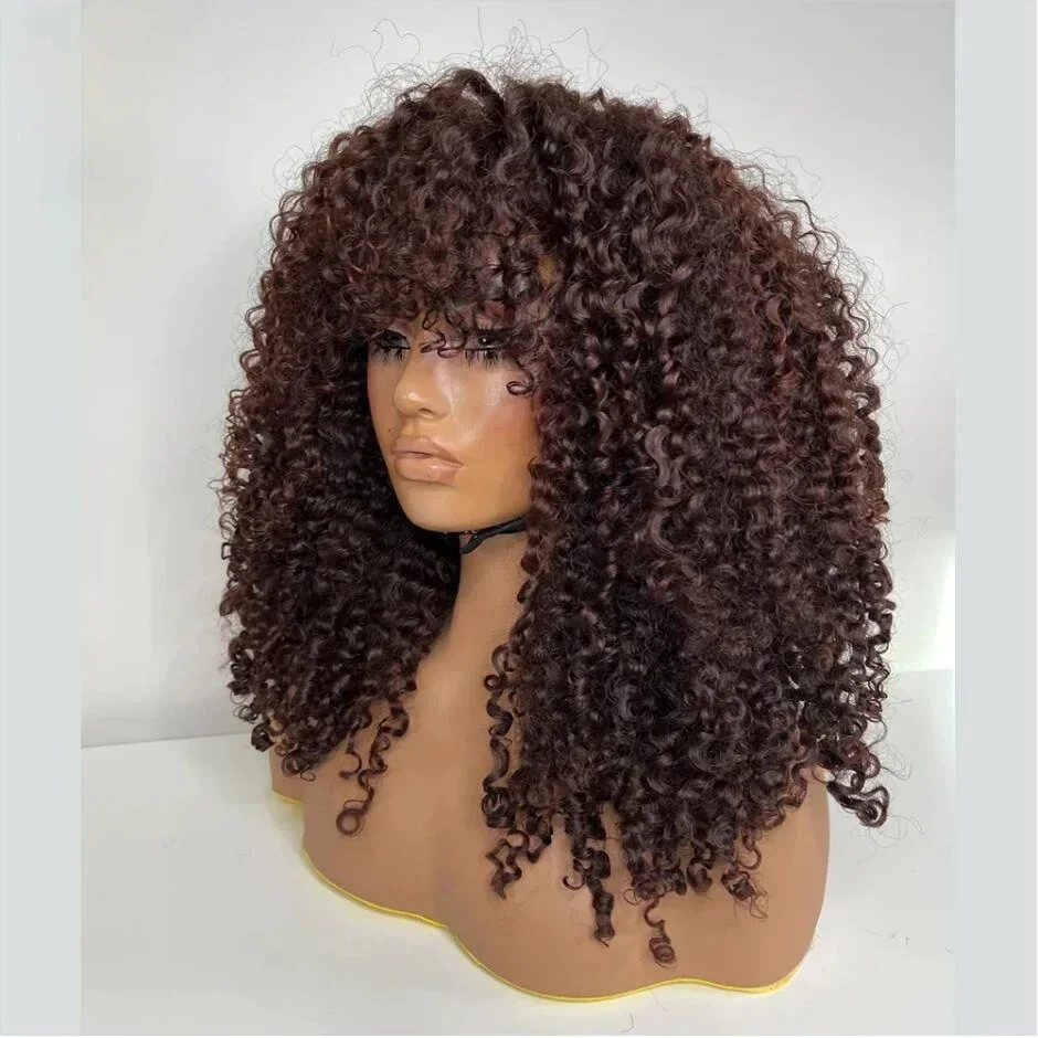 

Soft Long 180Density Brown 26Inch Kinky Curly Machine Wig With Bangs For Women High Temperature Fiber Glueless Daily