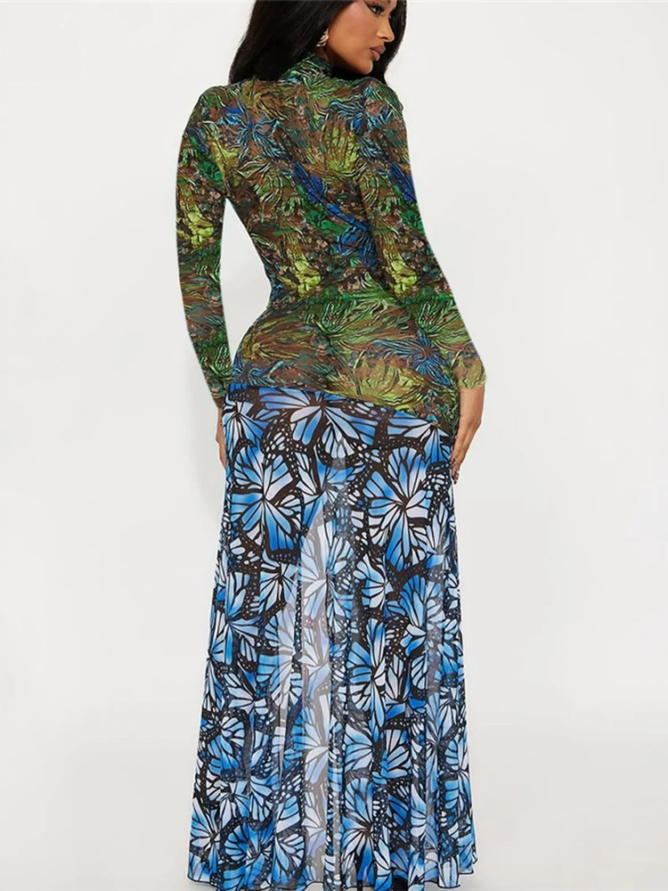 Macheda Prom Party Colorful Print Dress Women Sexy See Through Hollow Full Sleeve Stretch Turtleneck Midnight Club Long Bodycon