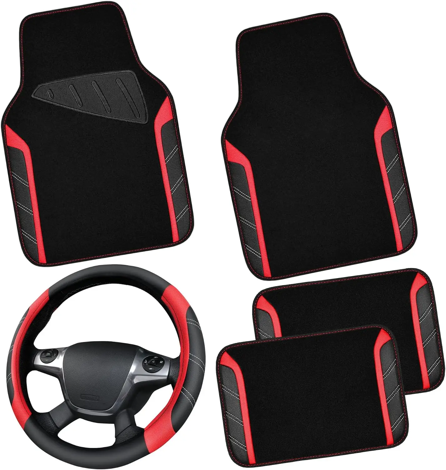

Universal Leather Steering Wheel Cover & Waterproof Floor Mats Combo for Sedan, SUV, Cars - Anti-Slip Safety Design