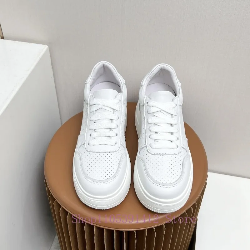 British-style Women White Shoes Genuine Leather Thick-sole Breathable Sneakers Street Fashion Skate Shoes Outdoor Casual Shoes