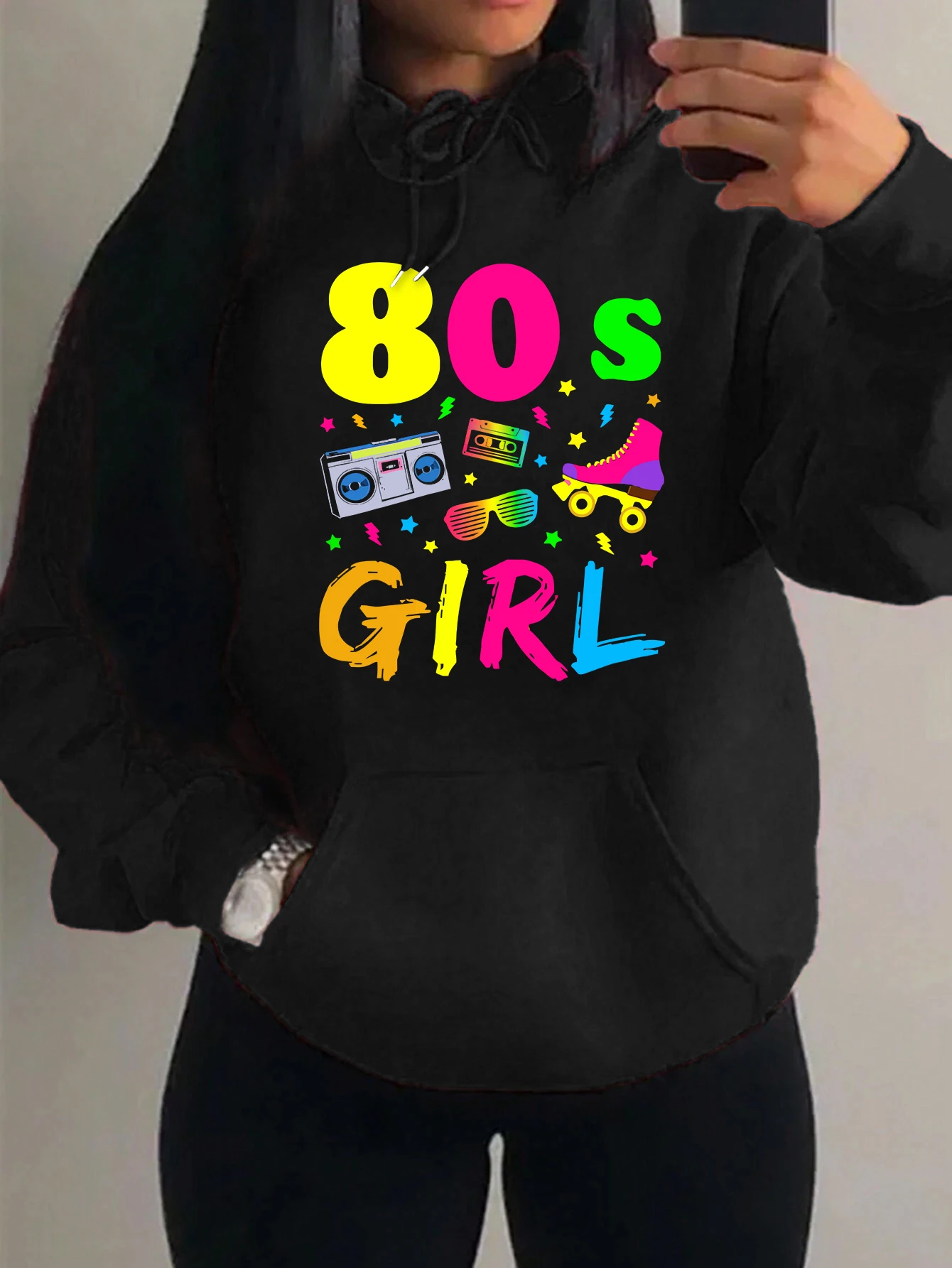 80'S Girl Y2K Style Letter Graphic Print Streetwear Personality Loose Hoodie Hip Hop Fashion Clothes Casual Fleece Hoody Unisex