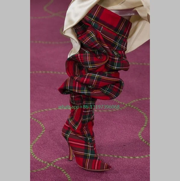 Lady red plaid pleated design knee boots pointed toe vintage style plaid red party dress Gothic style T show dress boots size 46