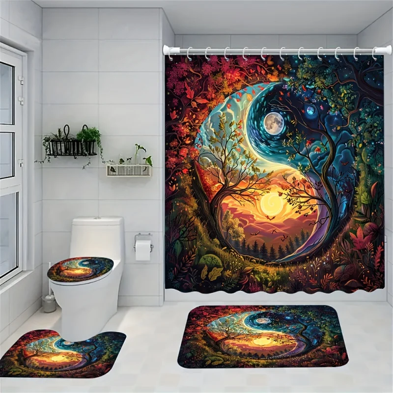 Fantasy Life Cycle Print Bathroom Set: Includes 1/4 PCS Shower Curtain, Non-Slip Bath Mats, Toilet Seat Cover, Bathroom Rug, and