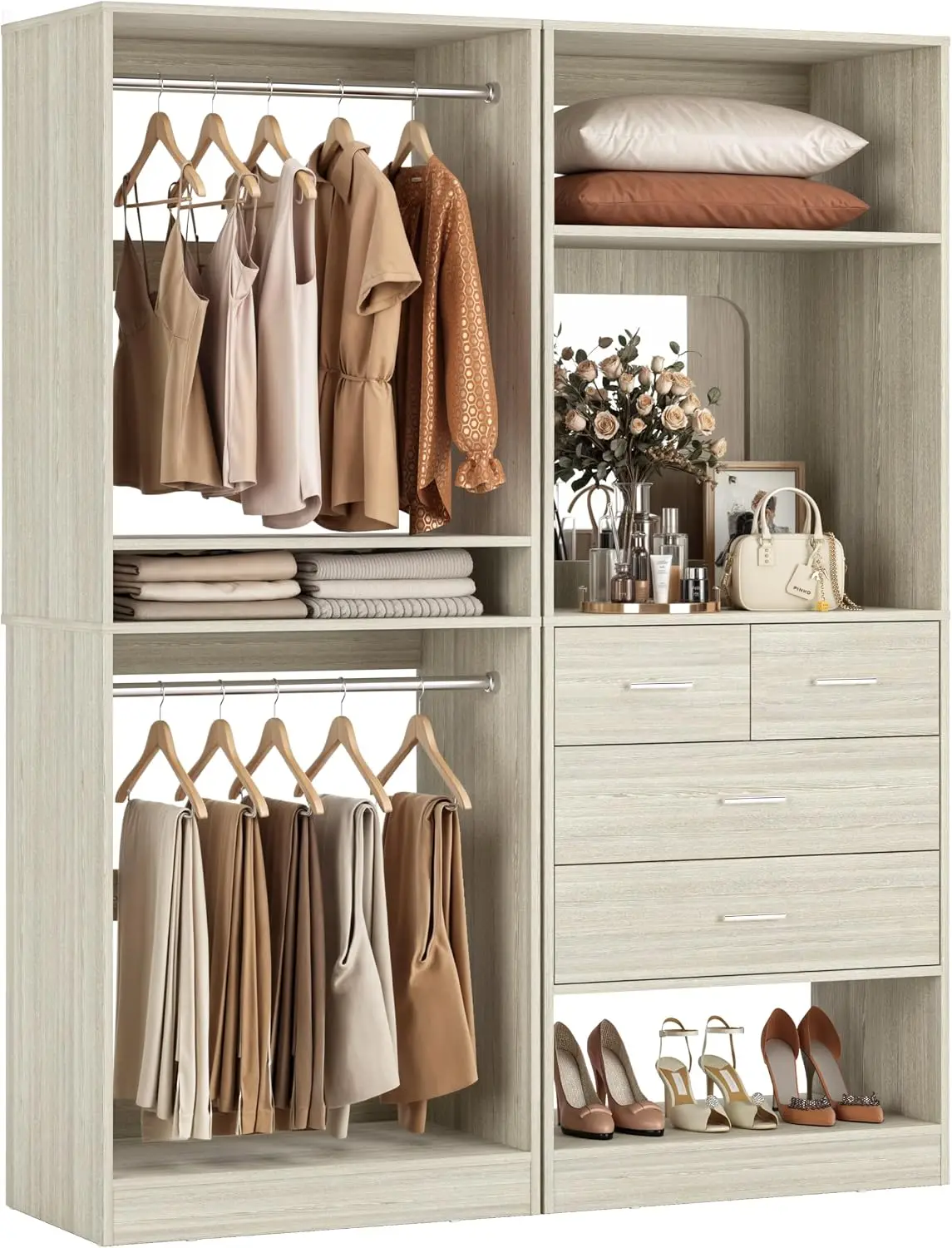 50” Closet System with 4 Drawers, 4.2FT Wood Closet Organizer with Hanging Rod and Mirror, Reversible Small Walk in Closets Ward