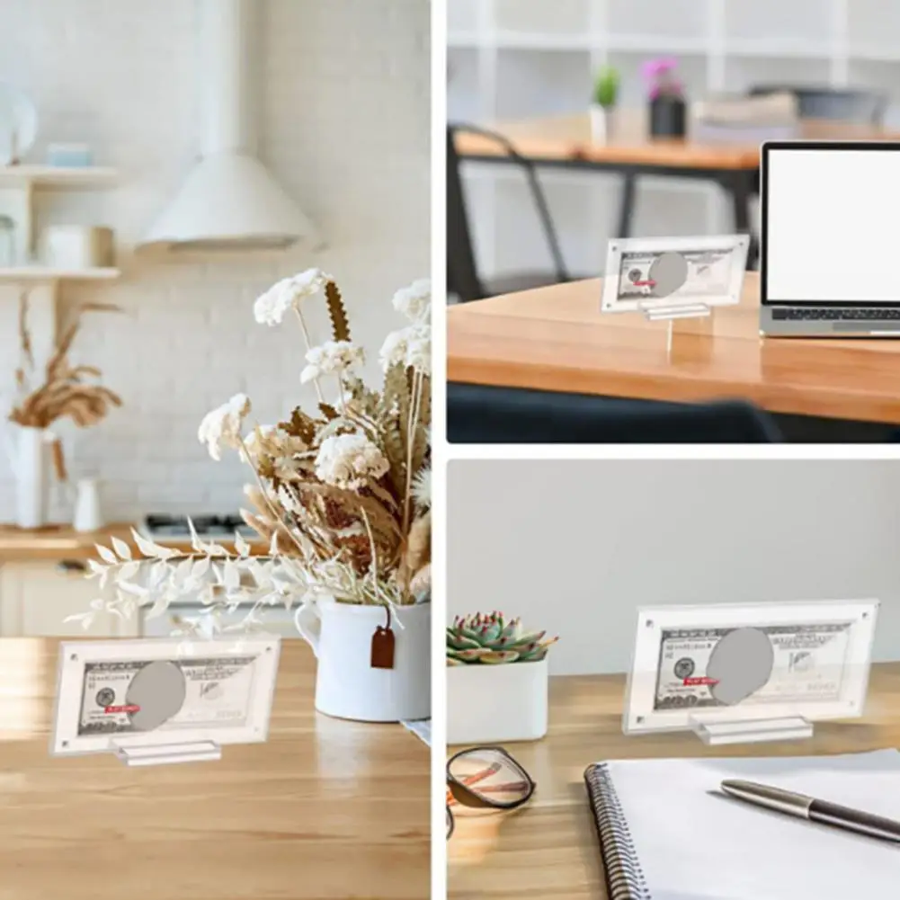 Money Display Holder Double Sided Acrylic Money Frame with Base for Desktop Display Transparent Holder for Smooth Edge Design