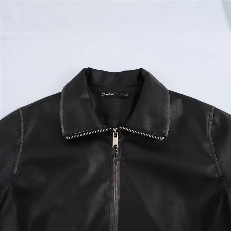 Faionable Long Sve Leather Jaet Outerwear Top Spring New Arrival Versatile B48865 Women's Premium Quali Zipper Design