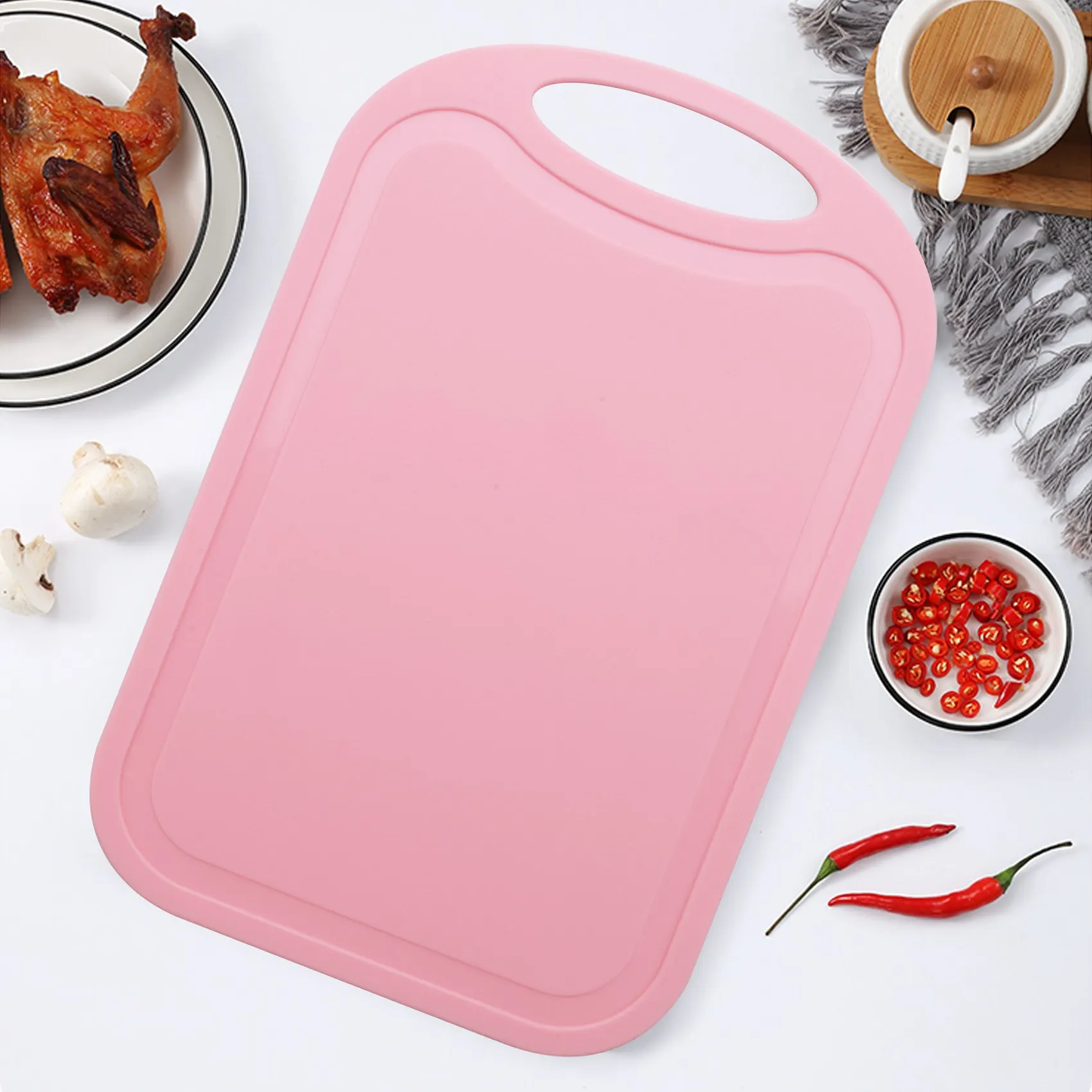 Plastic Chopping Block Meat Vegetable Cutting Board Non-Slip Anti Overflow With Hang Hole Chopping Board Pink