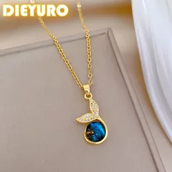 DIEYURO 316L Stainless Steel Fashion Mermaid Tail Blue Starry Sky Round Pendant Necklace Women New Clavicle Chain Jewelry Gift
