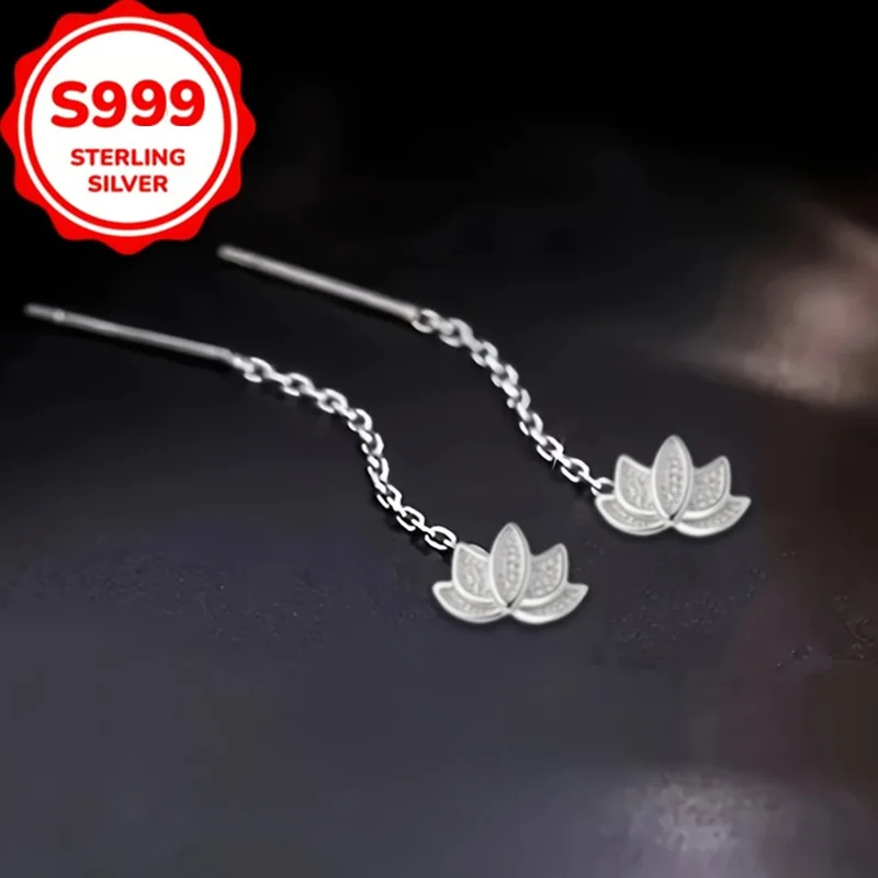 S999 فضة زهرة اللوتس شرابة استرخى أقراط للنساء هيبوالرجينيك خفيفة الوزن مجوهرات بسيطة هدايا عيد الميلاد