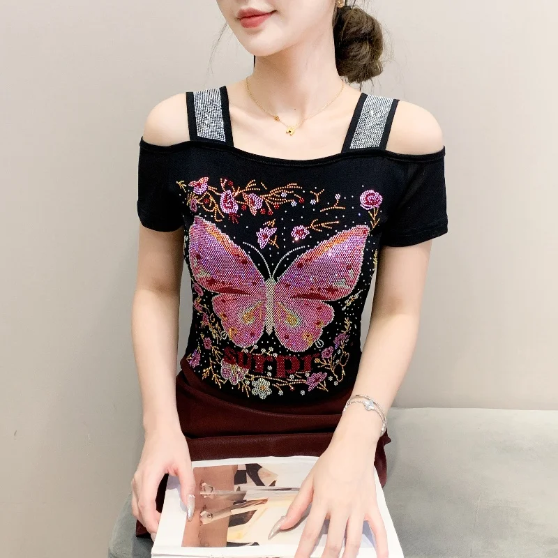 Summer Luxury Hot Diamonds Women's T Shirt Female High Quality Off Shoulder Short Sleeve Mesh Tees Ladies Shirts Top