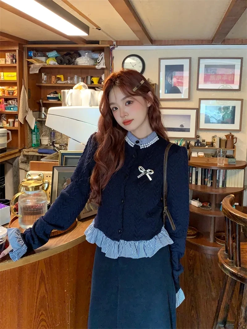 

Navy Blue Fake Two-piece Bow Long Sleeved Sweater Ankle Length Skirt College Style Sweet Chic Knitted Two-piece Set for Women
