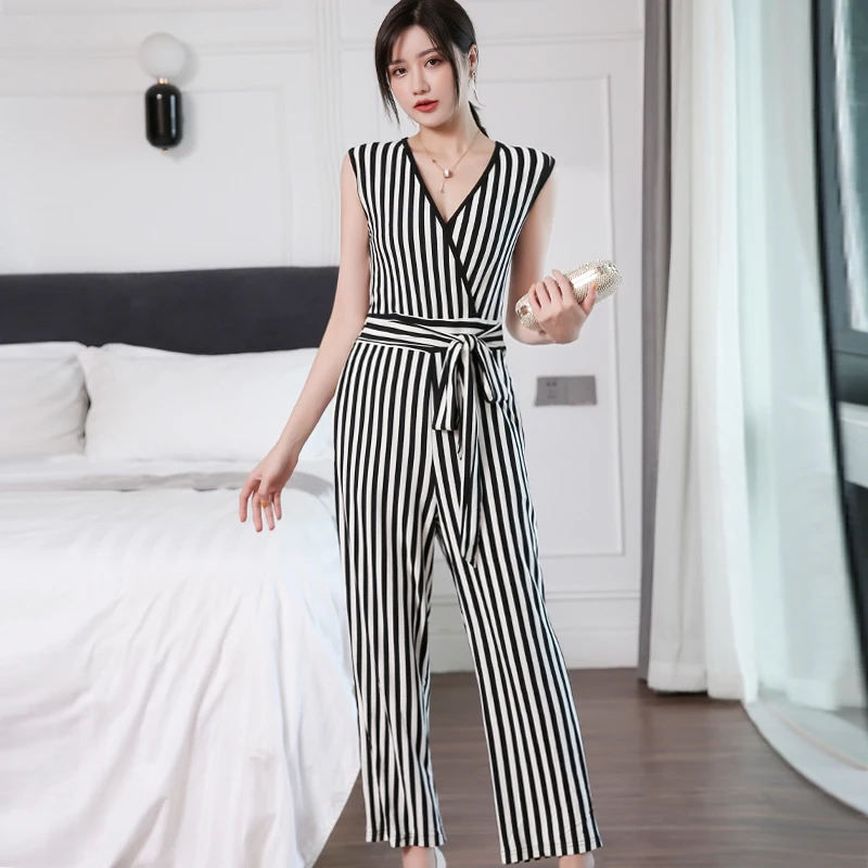 

Faionable V-Ne Svel Waist-Cinched Straight Leg plus Size Women's Rer Striped Design Busin Casual Long Pants